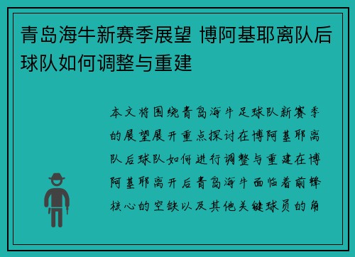 青岛海牛新赛季展望 博阿基耶离队后球队如何调整与重建