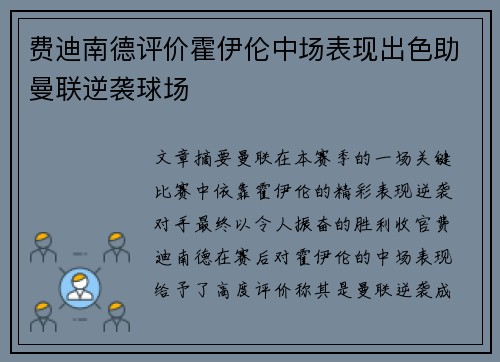 费迪南德评价霍伊伦中场表现出色助曼联逆袭球场 费迪南德评价霍伊伦中场表现出色助曼联逆袭球场
