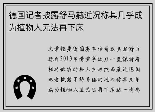 德国记者披露舒马赫近况称其几乎成为植物人无法再下床