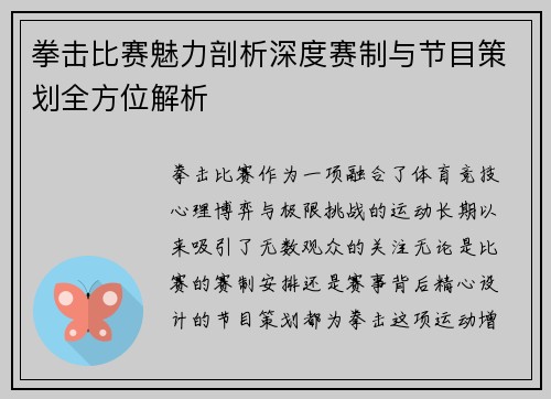 拳击比赛魅力剖析深度赛制与节目策划全方位解析