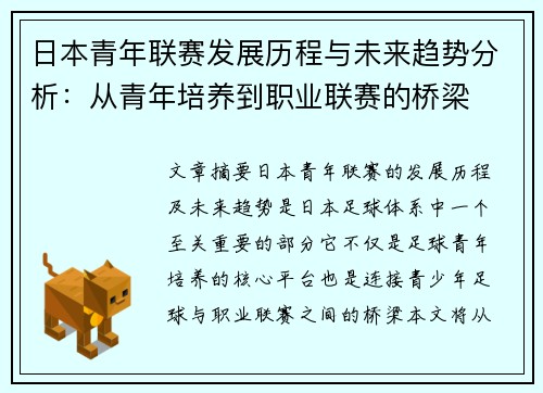 日本青年联赛发展历程与未来趋势分析：从青年培养到职业联赛的桥梁